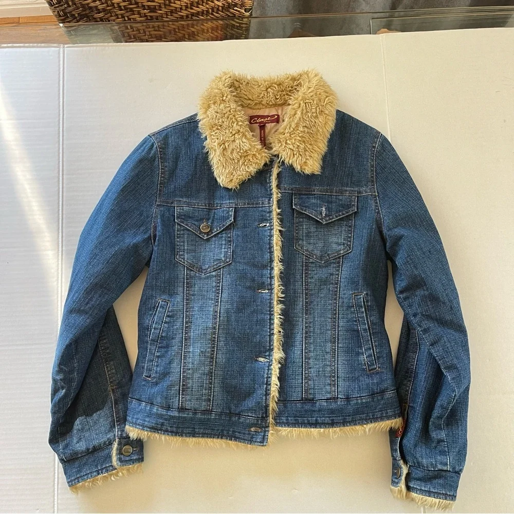 Vintage Y2K Clash Denim Jacket Faux fur collar women size XL - Picture 8 of 9